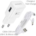 Pour samsung galaxy note 8 : chargeur rapide usb original 2a + câble long blanc univ Pour samsung galaxy note 8 : chargeur rapide usb original 2a + câble long blanc univ