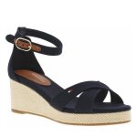 Sandales bleues marine � talon compens� et � boucle � ardillon � la cheville