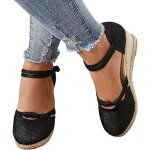 Sandales compenses dt pour femme - boucle de serrage - bout rond ferm - noir - textile - 5cm - compens ...