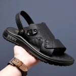 Sandales en cuir vritable pour hommes - remycoo - plate - forme dt respirante - noir