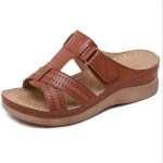 Sandales femme - ecelen - compens - marron - cuir - orthopdique - anti - drapant