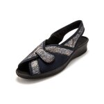 Sandales femme pediconfort - textile - imprim� marine - hallux valgus - talon compens� 4cm