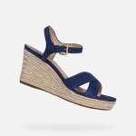 Sandale geox d soleil - femme - cuir bleu - semelle compense tresse - bride rglable