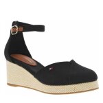 Sandales noires avec le logo brod� en petit � talon compens� et � bout ferm�