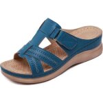 Sandales orthopdiques  bout ouvert pour femmes - ecelen - cuir - plat - bride - bleu