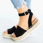 Sandales  plateforme femme noir - cuir - adulte - semelle paisse en corde de chanvre
