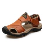 Sandales de randonn�e homme en cuir avec scratch et orteil ferm� - insfity - brun clair - antid�rapantes ...