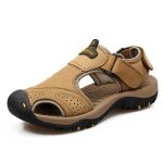 Sandales de randonn�e homme en cuir avec scratch et orteil ferm� - insfity - couleur beige / kaki