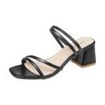 Sandales � talons carr�s pour femmes en cuir noir - funmoon - plateau - nou� en croix - �t�
