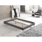 Lit avec sommier 160 x 200cm - revtement tissu gris - stable et robuste - pieds centraux de renfort