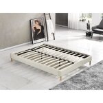 Lit avec sommier 180 x 200cm - rev�tement tissu blanc - stable et robuste - pieds centraux de renfort ...