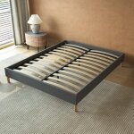 Lit avec sommier 90 x 190cm - revtement tissu gris - stable et robuste - pieds centraux de renfort