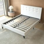 Lit avec sommier & tte de lit capitonne - 140 x 190 cm - blanc - stable et robuste avec pieds centraux ...