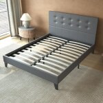 Lit avec sommier & tte de lit capitonne - 140 x 190 cm - gris - stable et robuste avec pieds centraux ...