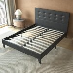 Lit avec sommier & tte de lit capitonne - 160 x 200 cm - noir - stable et robuste avec pieds centraux ...