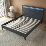 Lit double avec sommier et t�te de lit led 140 x 200cm - noir - stable et robuste - pieds centraux de ...