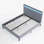 Lit double avec sommier et t�te de lit led 160 x 200cm - gris - stable et robuste - pieds centraux de ...