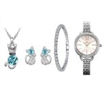 Sharphy coffret montre femme + collier + boucles doreilles + bracelets ? diamant luxe chat argent