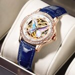 Sharphy montre femme de luxe de marque diamant papillon mode m�canique automatique bracelet en cuir bleu ...