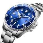 Sharphy montre homme calendrier lumineux quartz bracelet en acier �tanche bleu argent mode classique