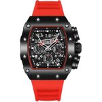 Sharphy montre homme chronographe cadran tonneau sport lumineux bracelet en caoutchouc rouge cool