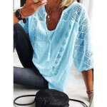 T - shirt t femme empicement en dentelle ample col en u manches trois - quarts blouse bleu