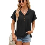 T - shirt femme  capuche manches courtes col v avec boutons tee shirt t lache couleur unie confortable ...