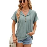 T - shirt femme � capuche manches courtes col v avec boutons tee shirt �t� lache couleur unie confortable ...