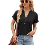 T - shirt femme col en v avec boutons manches courtes couleur unie casual tee shirt lache ete tissu confortabl ...