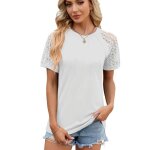 T - shirt femme dentelle manches courtes casual tee shirt lache ete col rond couleur unie confortable ...