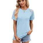 T - shirt femme dentelle manches courtes casual tee shirt lache ete col rond couleur unie confortable ...