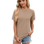 T - shirt femme dentelle manches courtes casual tee shirt lache ete col rond couleur unie confortable ...