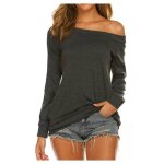 T - shirt femme paules dnudes manches longues col bateau casual tee shirt lache couleur unie - gris ...