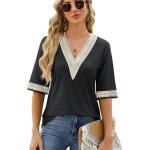 T - shirt femme ete manches courtes col v avec dentelle casual tee shirt lache confortable couleur contraste ...