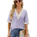 T - shirt femme ete manches courtes col v avec dentelle casual tee shirt lache confortable couleur contraste ...