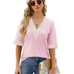 T - shirt femme ete manches courtes col v avec dentelle casual tee shirt lache confortable couleur contraste ...