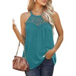 T - shirt femme insfity dentelle sans manches casual tee shirt pliss ete col rond couleur unie - bleu ...