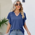 T - shirt femme insfity manches courts col v casual tee shirt tops manches � volants couleur unie - bleu ...