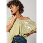 T - shirt femme kaporal sprit - manches courtes col v - imprim� poitrine argent� - kaki vert