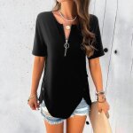 T - shirt femme manches courtes col v avec zippe casual tee shirt ete regular fit couleur unie confortable ...
