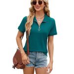 T - shirt femme manches courtes col zipp casual mode tee shirt lche ete couleur unie tissu confortable ...