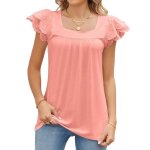 T - shirt femme manches courtes avec dentelle couleur unie casual tee shirt ete lache col carr� confortable ...