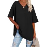 T - shirt femme oversize vintage en coton noir  col en v