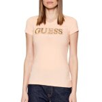 T shirt guess femme gold logo rose coton