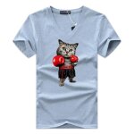 T - shirt homme col v manches courtes casual tee shirt ete coupe droite imprim� chat de boxe - gris