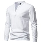 T - shirt homme  manches longues col v henley tee shirt coton couleur unie tissu confortable - blanc ...