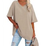 T - shirt oversize femme vintage - kaki - col en v - manches courtes - haut coton