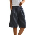 Short bermuda femme noir - confortable coton lin - taille haute - jambe large - lastiqu