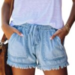 Short femmetaille haute short femme en jean avec grande poche taille lastique short femme  ourlet effiloch ...