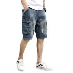 Shorts en jeans dchirs baggy pour hommes - funmoon - rtro mince - bleu